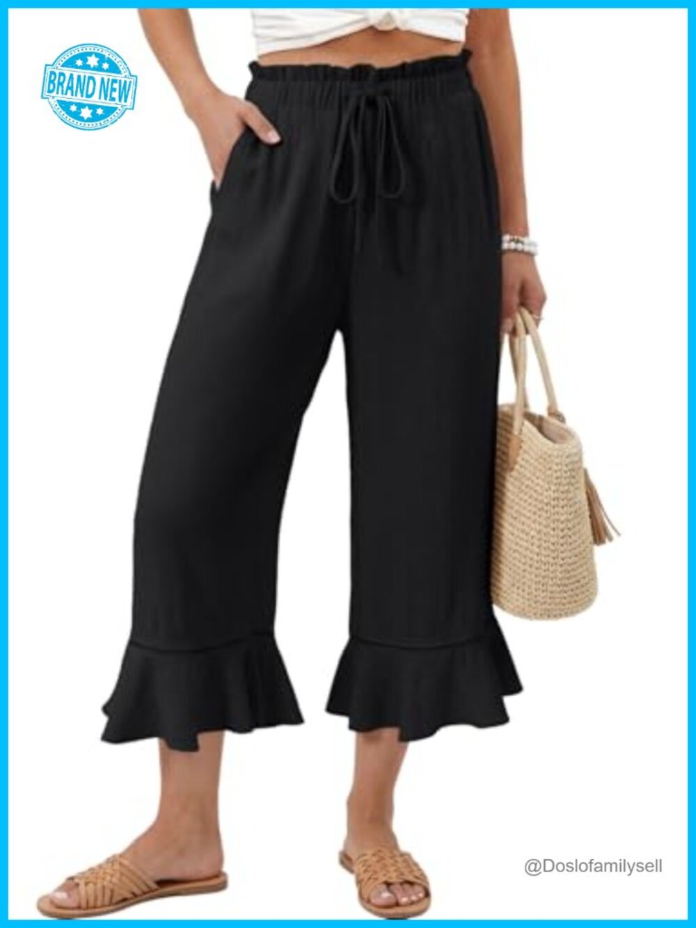 Women Linen Blend Wide Leg Capri Pants with Pockets Drawstring Elastic Waist